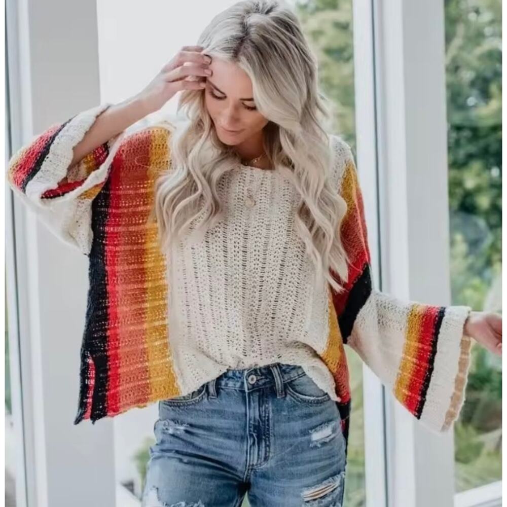 By Together Womens M Cream Stripe Lightweight Sheer Bell Sleeve Knit Sweater
